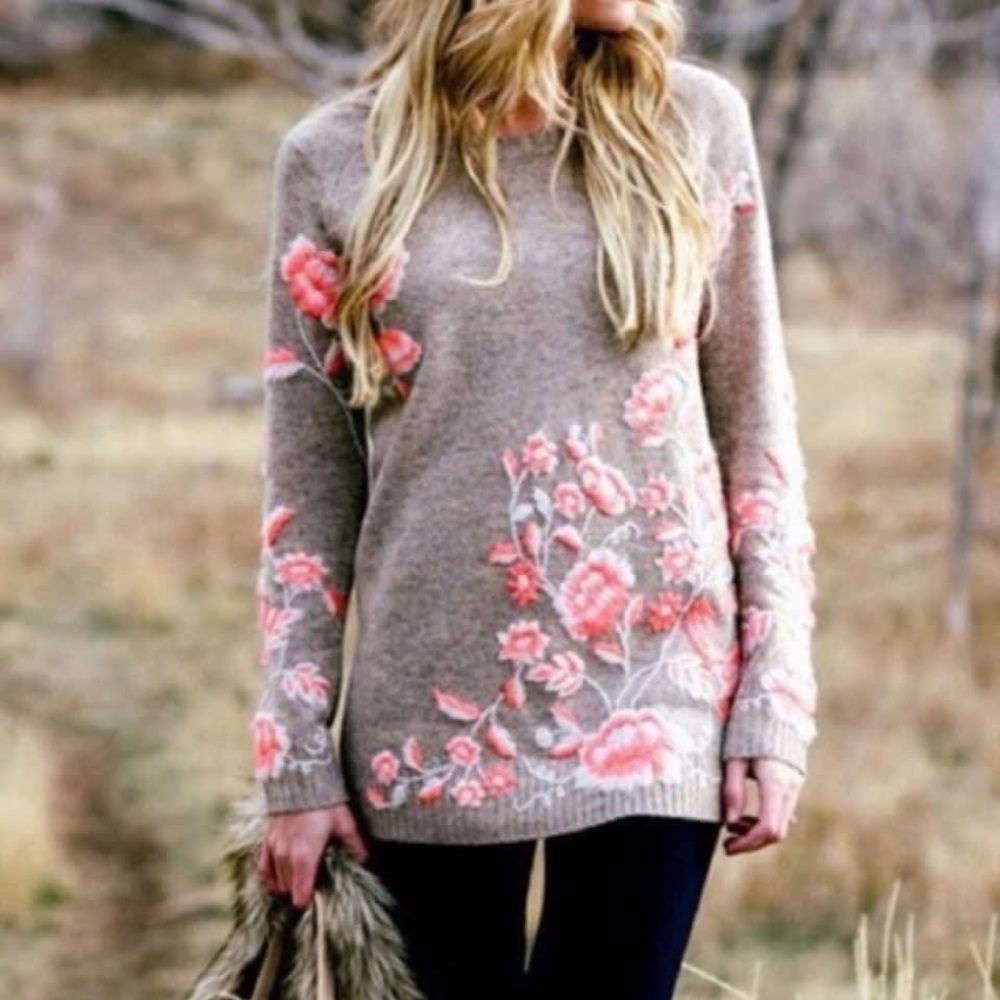 Anthropologie Sleeping on Snow embroidered crewneck tunic sweater Tan Size large